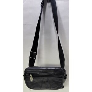 Vintage Black Patch Genuine Leather Adjustable Crossbody Purse Bag